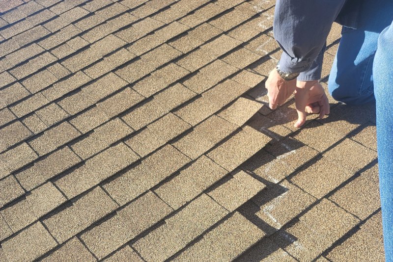 Hands lifting a shingle tab while inspecting a residential roof