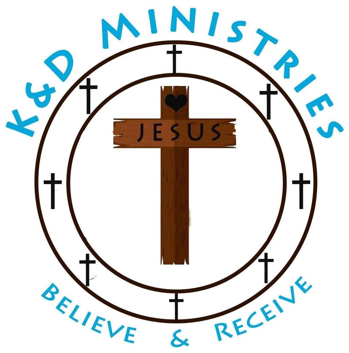 K&D Ministries logo: a wooden cross inside two rings, with the words Believe and Receive